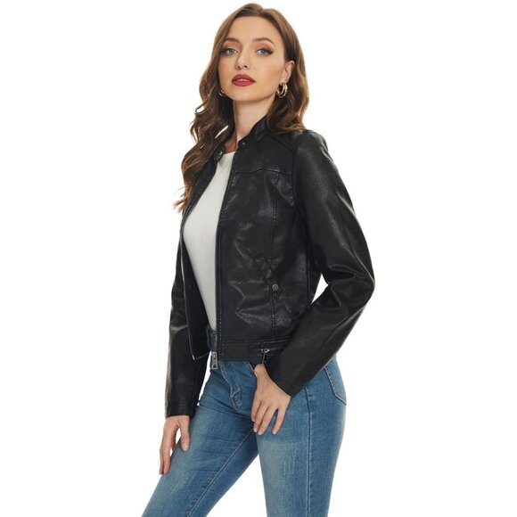 Women's Faux Leather Jackets Motorcycle PU Moto Biker Outwear Coat Jet Black - Picture 3 of 5